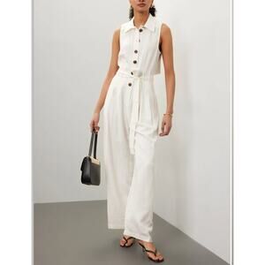 Reiss White Linen Jumpsuit Size 4 Wide Leg Sleeveless Vacation Designer $320